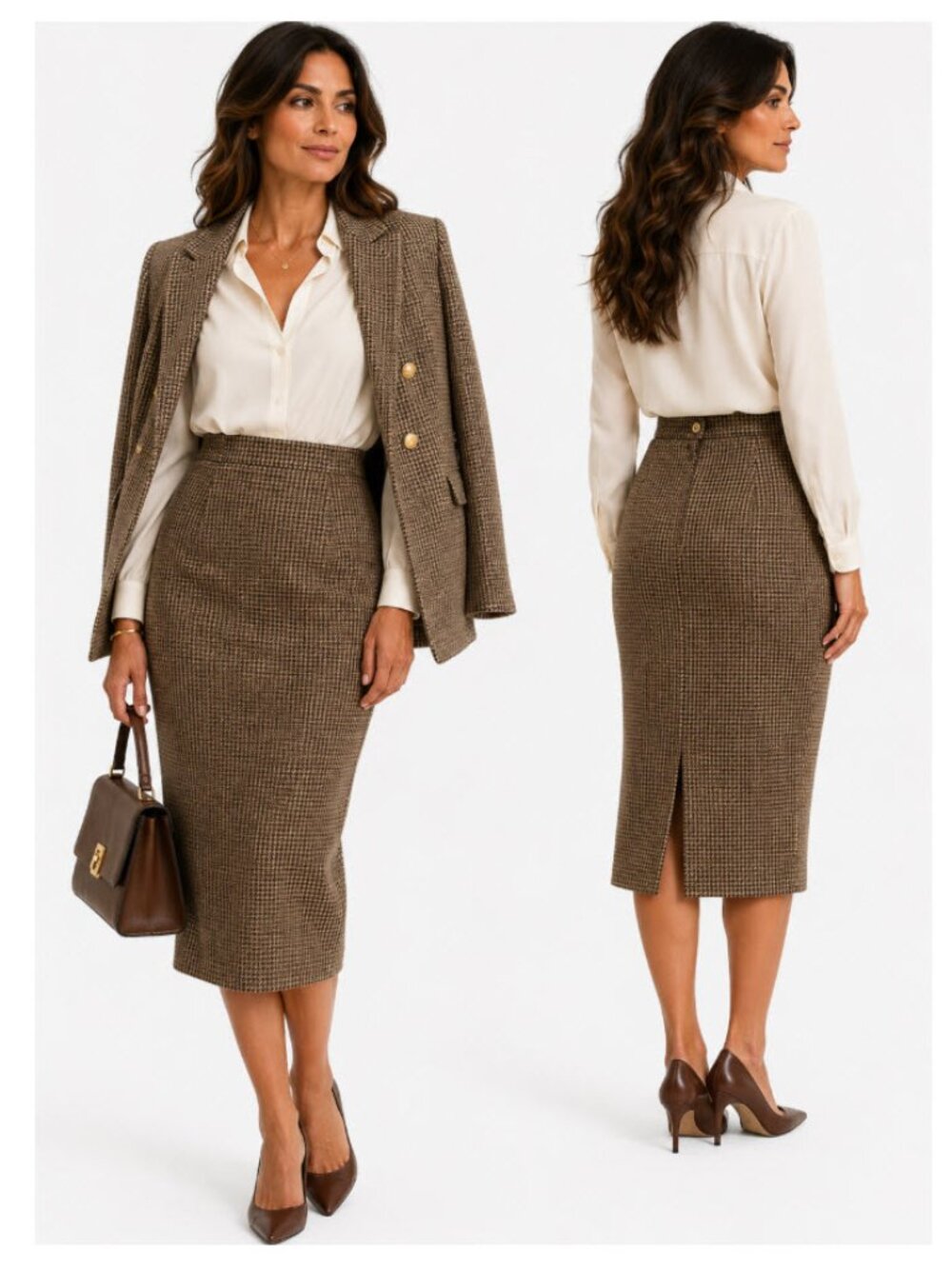 VIA Moda Wool Houndstooth Pencil Midi Skirt Vintage Preppy Size 8 Brown